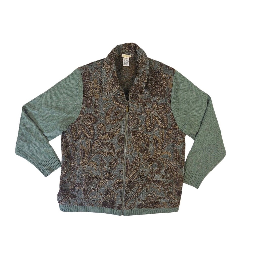 Bestow Green Brown Floral Leaves Full Zip Jacket Women's XL Vtg Boho Nature Art